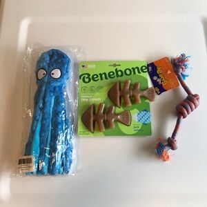 Benebone Tiny Fish + Crinkle Squeaker No Stuffing Octopus + Rope Dog Toy Lot